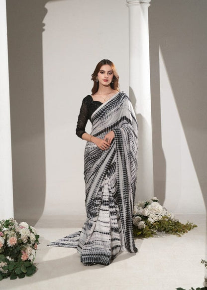 Black & White Tie-Dye Stitched Saree