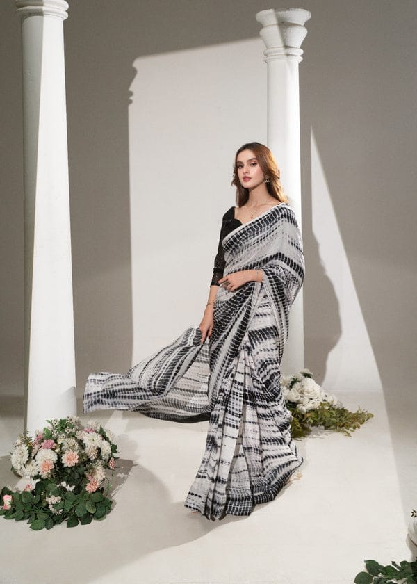 Black & White Tie-Dye Stitched Saree