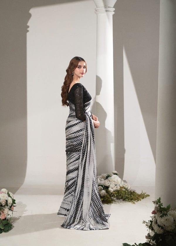 Black & White Tie-Dye Stitched Saree