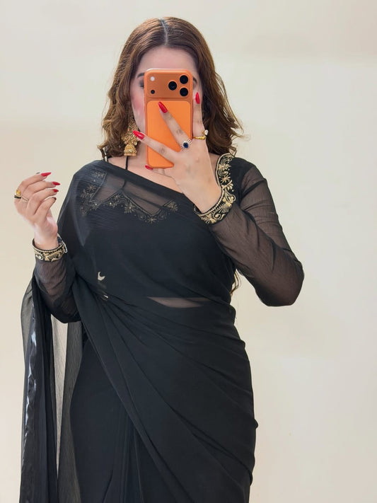 Premium Plain Black Party Wear Saree