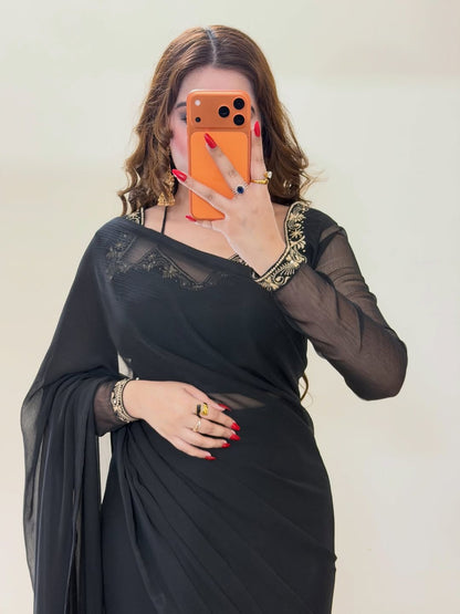 Premium Plain Black Party Wear Saree