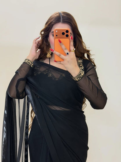 Premium Plain Black Party Wear Saree
