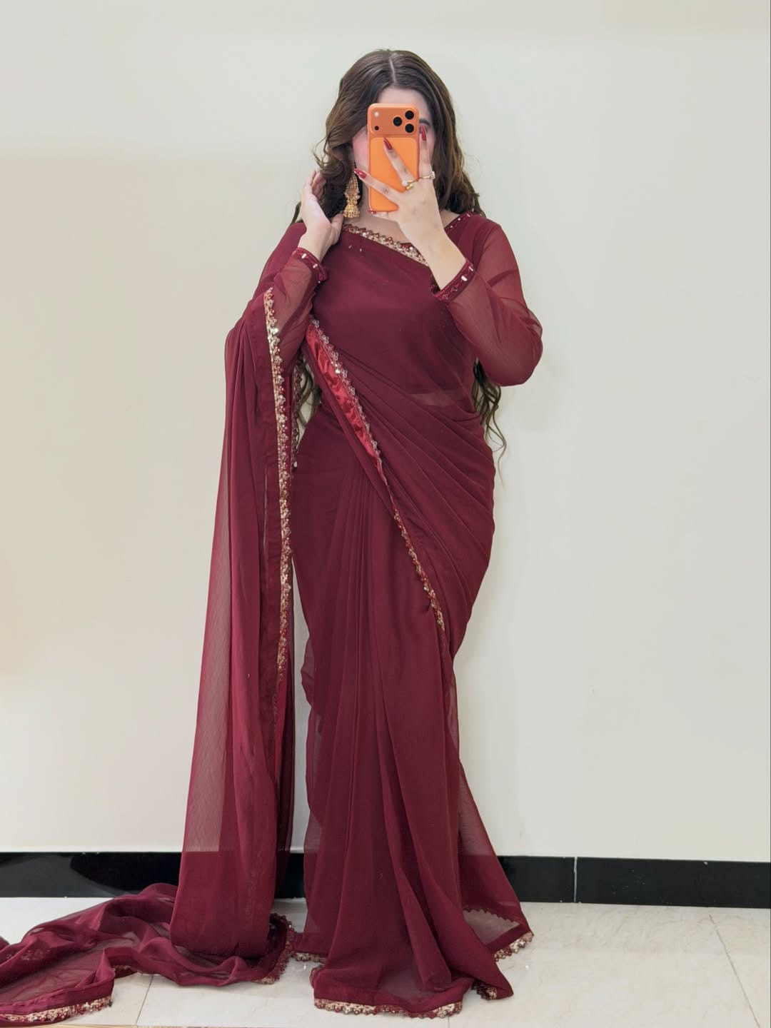 Ruh-e-Nazakat Stitched Chiffon Saree Mehroon