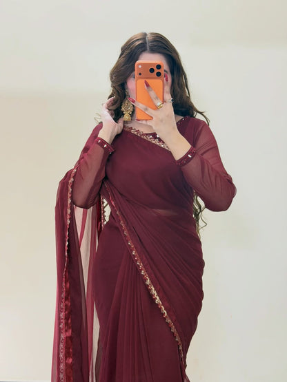 Ruh-e-Nazakat Stitched Chiffon Saree Mehroon