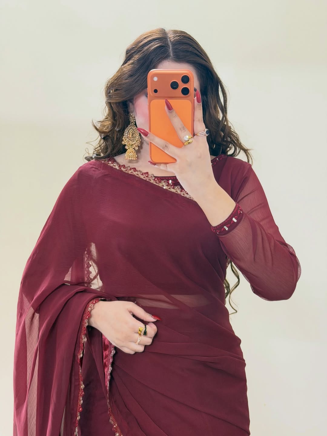 Ruh-e-Nazakat Stitched Chiffon Saree Mehroon