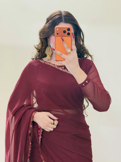 Ruh-e-Nazakat Stitched Chiffon Saree Mehroon