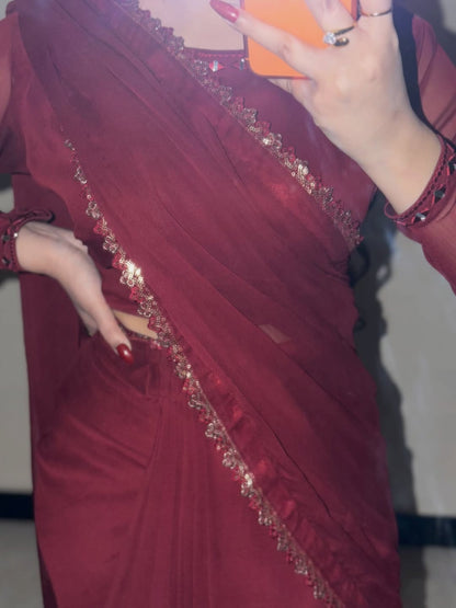 Ruh-e-Nazakat Stitched Chiffon Saree Mehroon