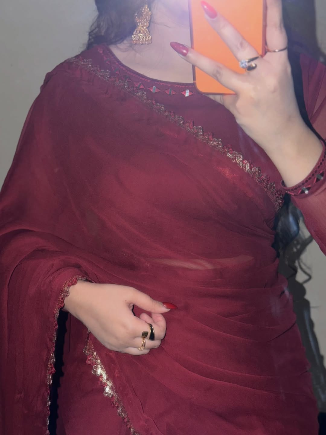 Ruh-e-Nazakat Stitched Chiffon Saree Mehroon