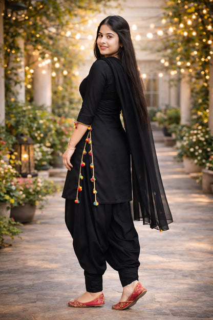 3pc Traditional Black Punjabi Dress with Colorful Tassels