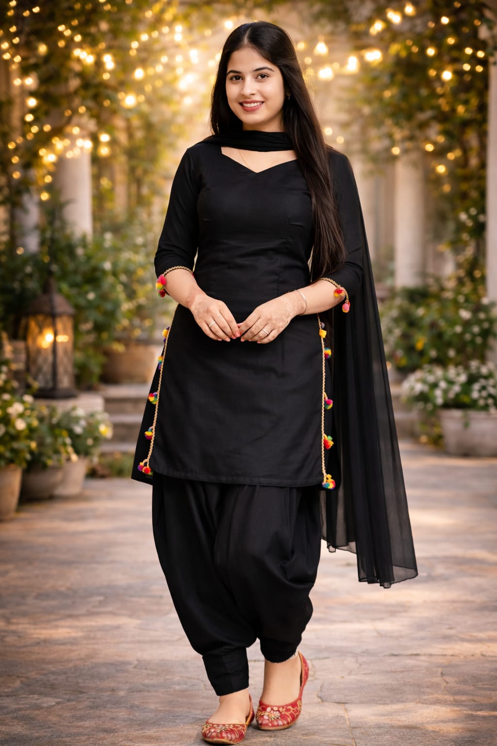 3pc Traditional Black Punjabi Dress with Colorful Tassels