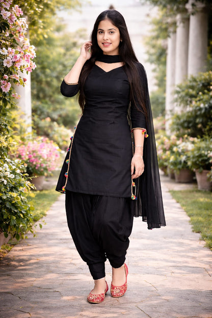 3pc Traditional Black Punjabi Dress with Colorful Tassels