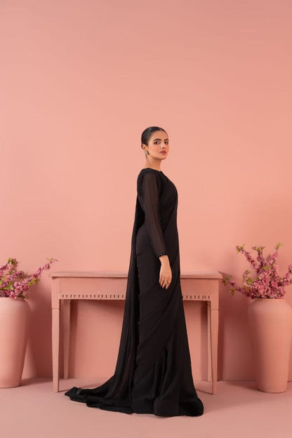 Black Stitched Chiffon Drape Saree