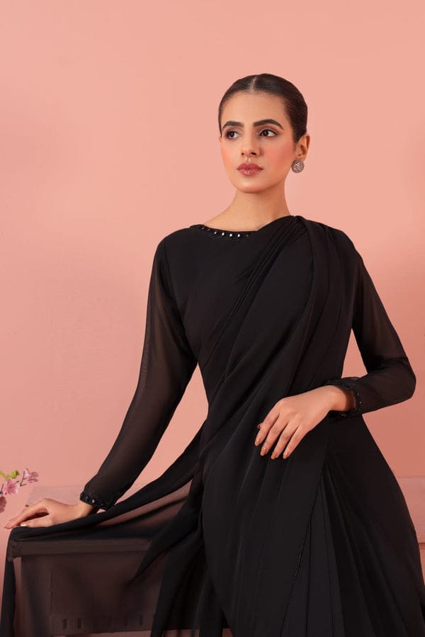 Black Stitched Chiffon Drape Saree
