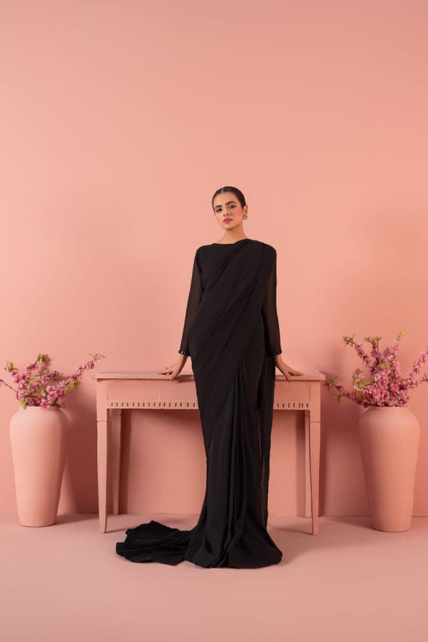 Black Stitched Chiffon Drape Saree