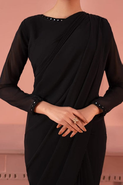 Black Stitched Chiffon Drape Saree