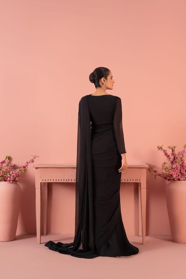 Black Stitched Chiffon Drape Saree