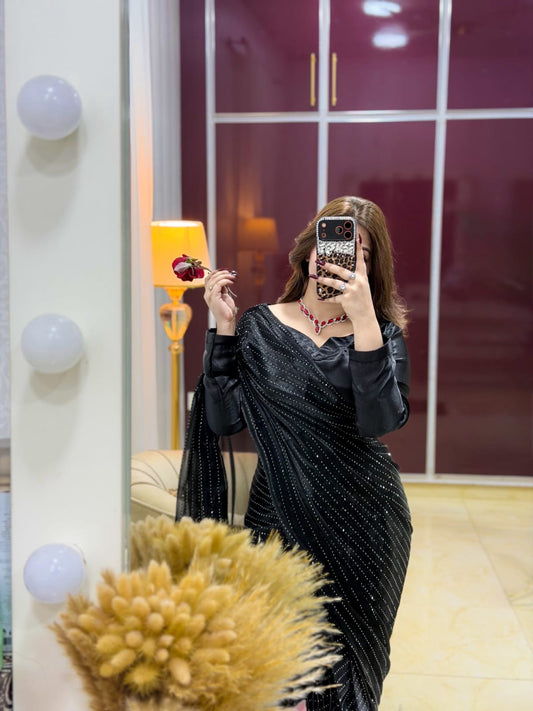 Midnight Sparkle Rhinestone Stitched Saree