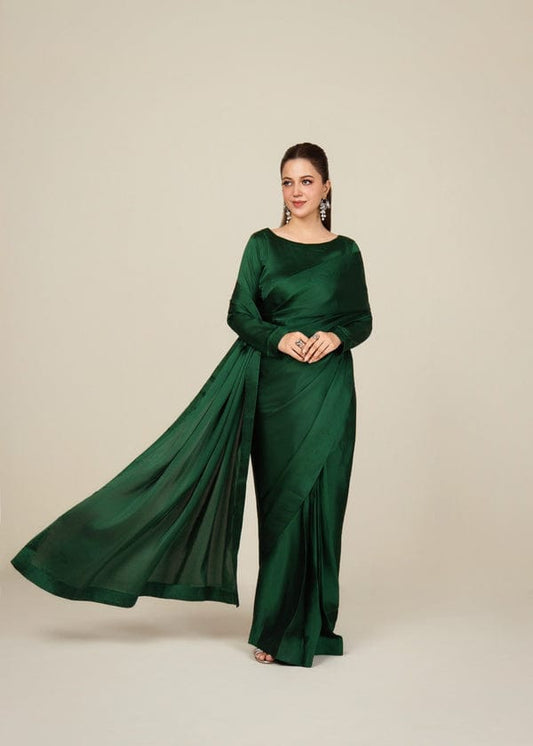 Green Stitched Plain Silk Saree