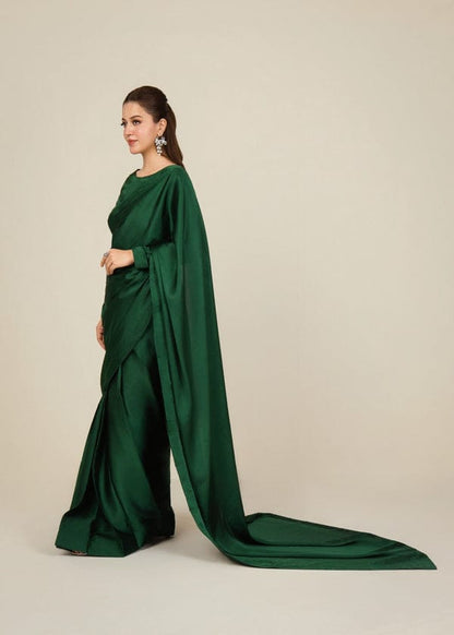 Green Stitched Plain Silk Saree