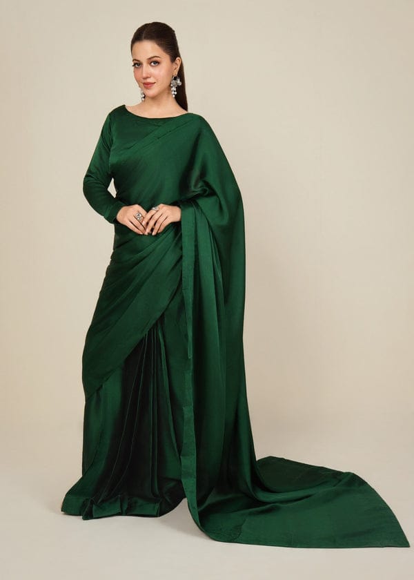 Green Stitched Plain Silk Saree