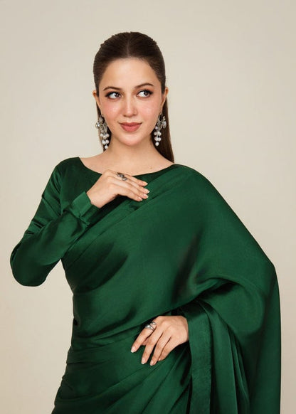 Green Stitched Plain Silk Saree