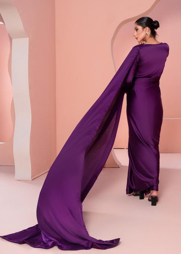 Purple Stitched Plain Silk Saree