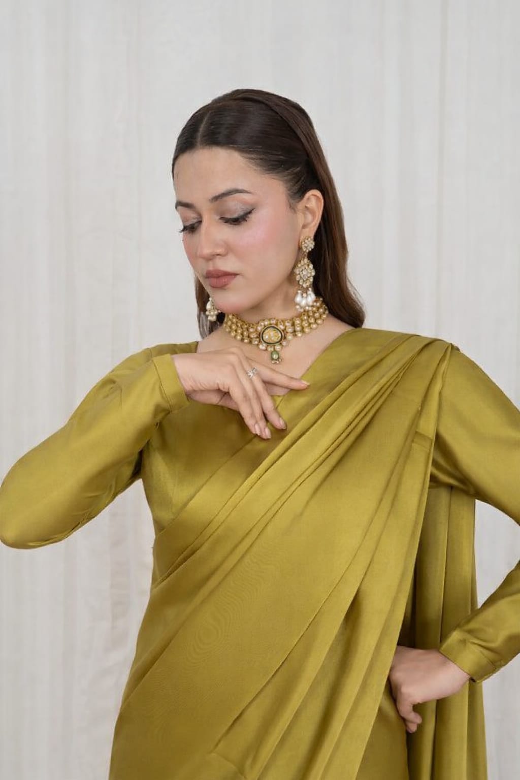 Olive Gold Stitched Plain Silk Saree