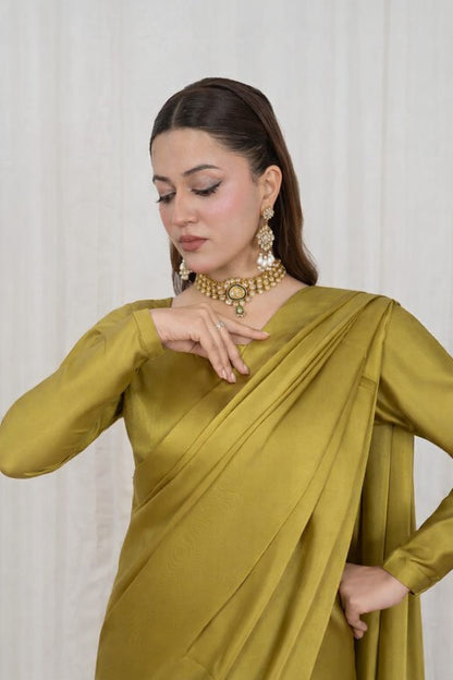 Olive Gold Stitched Plain Silk Saree