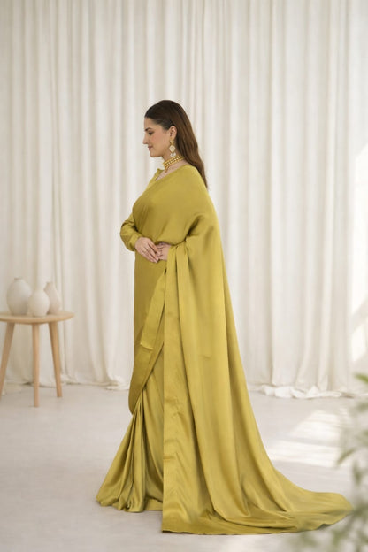 Olive Gold Stitched Plain Silk Saree