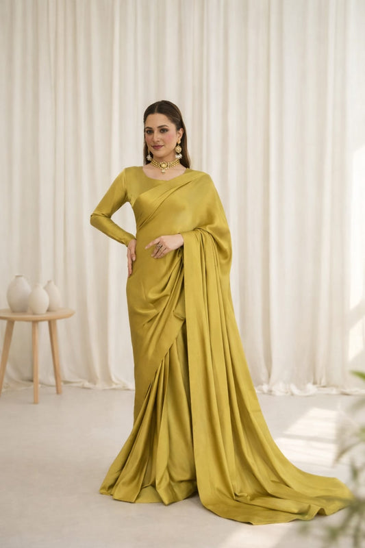 Olive Gold Stitched Plain Silk Saree