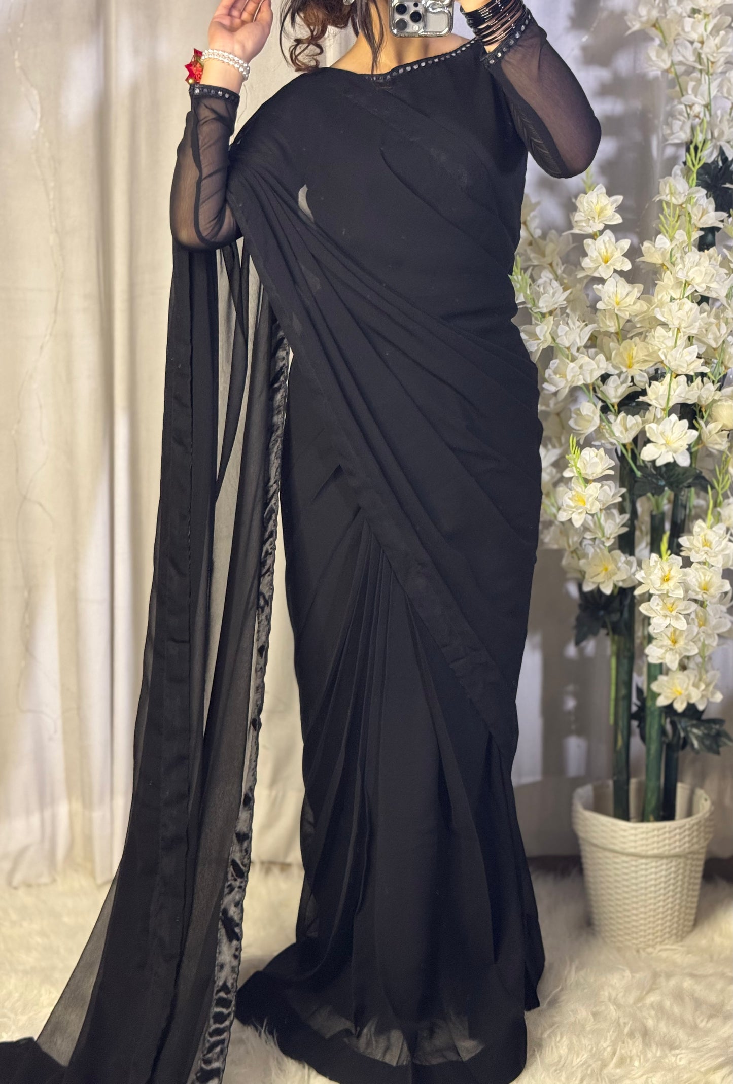 Black Stitched Chiffon Drape Saree