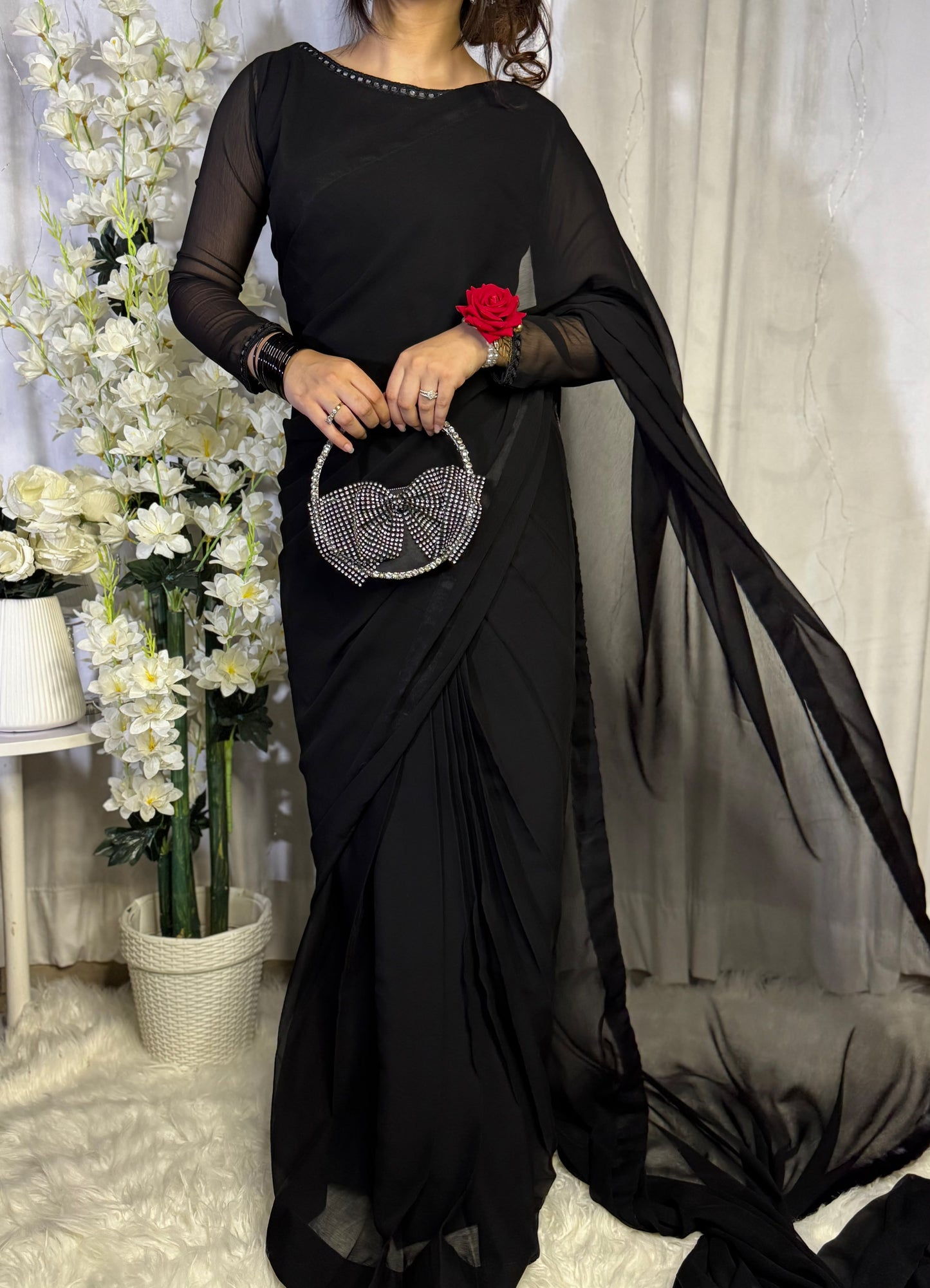 Black Stitched Chiffon Drape Saree