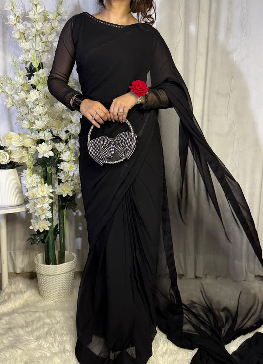 Black Stitched Chiffon Drape Saree