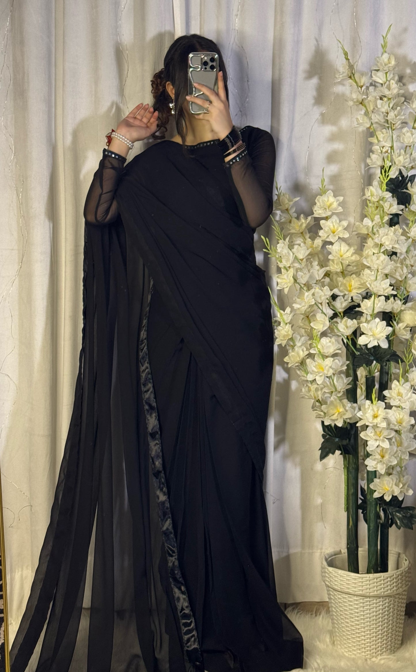 Black Stitched Chiffon Drape Saree