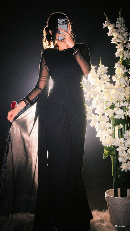 Black Stitched Chiffon Drape Saree