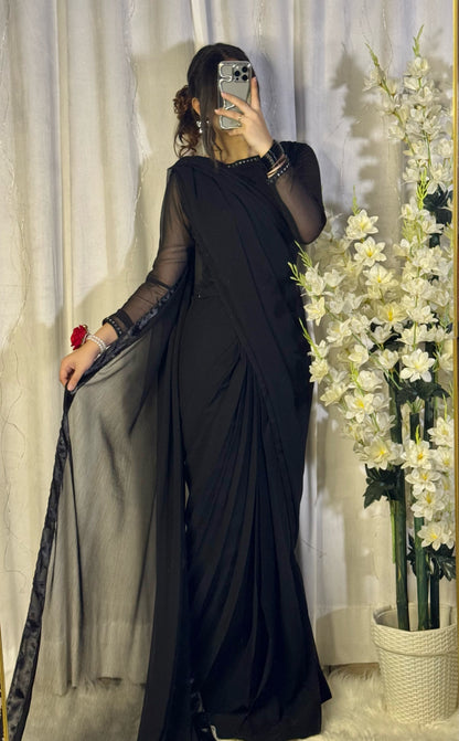 Black Stitched Chiffon Drape Saree