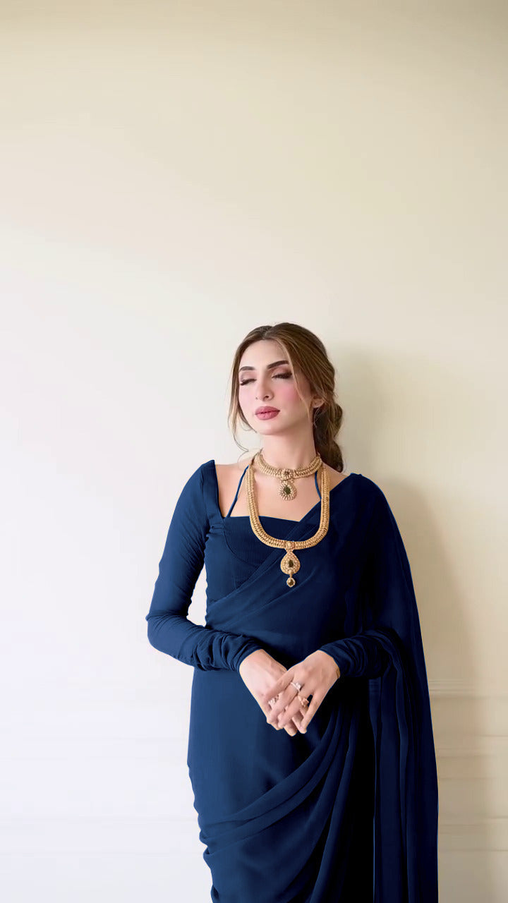 LuxeFit Glow – Premium Chiffon Stitched Saree