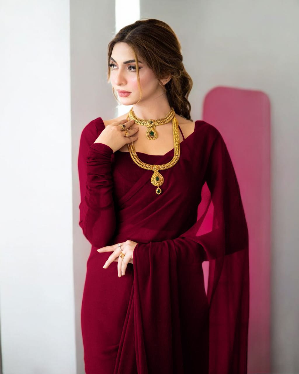 LuxeFit Glow – Premium Chiffon Stitched Saree
