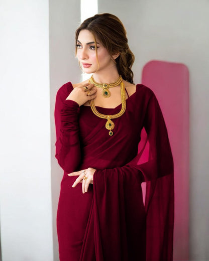 LuxeFit Glow – Premium Chiffon Stitched Saree